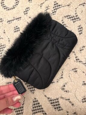 Coach Black Quilted Faux Fur Wristlet Clutch